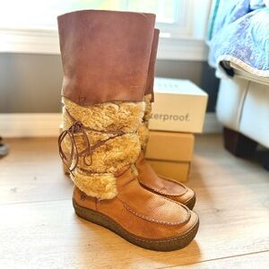 BORN women’s leather and shearling brown tall moccasin boots fall winter 9 w5200